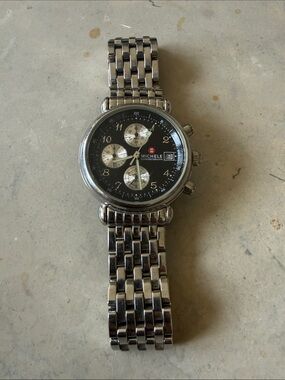 Michele Black Dial Chronograph Watch with Silver Bracelet